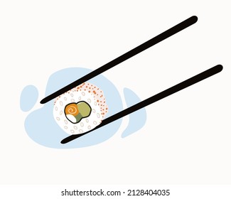 Chopsticks hold the roll. Traditional Japanese cuisine with fresh seafood. Cartoon hand drawn vector illustration.