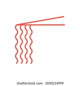 Chopsticks holding asian noodles icon. Noodles on chopsticks illustration for restaurant menu or delivery website. Thin line style red vector symbol isolated