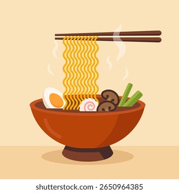Chopsticks segurando macarrão asiático, ventoso japonês tonkotsu ramen. Tigela de sopa de râmen gostosa com cogumelo, narutomaki (bolo de peixe com um redemoinho rosa), cebola verde, ovo cozido. Ilustração vetorial