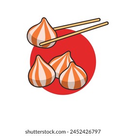 chopsticks holding cheese dumplings, vector illustration, traditional asian food