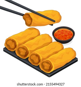 Chopsticks holding chinese spring rolls fried (Lumpia) isolated illustration vector.