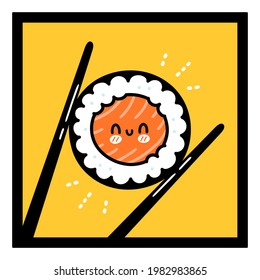 Chopsticks holding happy sushi roll character. Vector hand drawn cartoon kawaii doodle character illustration logo icon. Sushi roll cartoon face, chopsticks, asian food restaurant logo concept