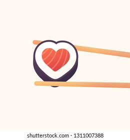 Chopsticks holding heart shaped sushi roll. Love sushi vector illustration.