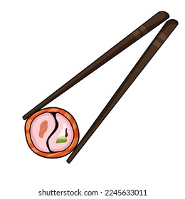 Chopsticks holding an isolated sushi roll