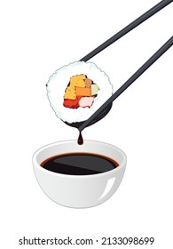 Chopsticks holding maki sushi with Soy sauce isolated on white background.