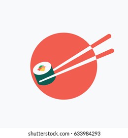 chopsticks holding one sushi roll & seafood flat design style. asian cartoon sushi bar icon or restaurant logo vector simple modern with red & white Japanese flag from Japan 