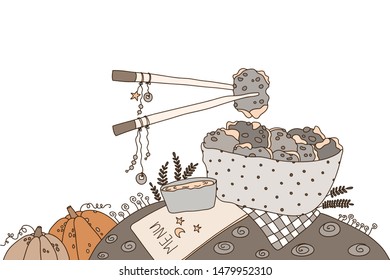 Chopsticks are holding a piece of chicken. Hand drawn vector EPS 10 illustration.