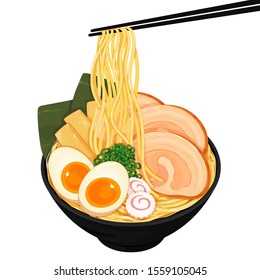 Chopsticks holding ramen noodles illustration vector. (Japanese food) 