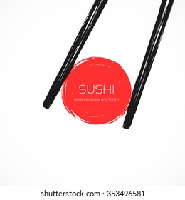 Chopsticks Holding Roll Frame. Concept illustration of snack, sushi, exotic nutrition,  sea food. Template for sushi restaurant, cafe, delivery or your business works.