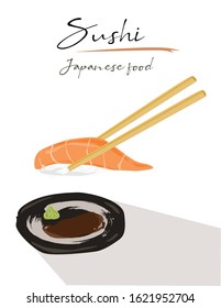 Chopsticks holding salmon sushi  Isolated on white background. Side view, Vector Illustration.