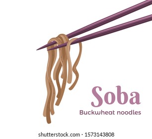 Chopsticks are holding soba isolated on a white background. Vector illustration of japanese food in cartoon simple flat style. Gluten-free buckwheat noodles.