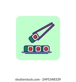 Chopsticks holding sushi line icon. Japanese food, sushi rolls, fish dish. Asian restaurant concept. Vector illustration can be used for topics like food, menu, traditional cuisine