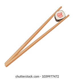 Chopsticks holding sushi roll