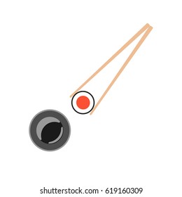Chopsticks holding sushi roll.