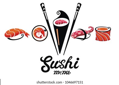 chopsticks Holding Sushi Roll .Concept illustration of snack, sushi