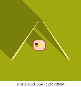 chopsticks holding sushi roll. concept of snack, susi, exotic nutrition, sushi restaurant, sea food. isolated on background. flat style trend modern logotype design vector illustration