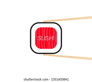 Chopsticks holding sushi roll. concept of snack, sushi, exotic nutrition, sushi restaurant. Vector stock illustration.
