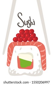 
Chopsticks holding sushi roll. The concept of snacks, exotic food, sushi restaurant, seafood. Isolated over white background. Flat style trend modern logo design vector illustration.