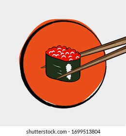 chopsticks holding sushi roll. concept of snack, susi, exotic nutrition, sushi restaurant, sea food. isolated on white background. vector illustration