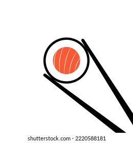 Chopsticks holding sushi roll. The concept of snacks, sushi, exotic food, sushi restaurant, seafood. isolated on white background. Flat style trend. Vector illustration of japanese traditional food.