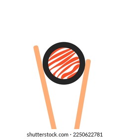 Chopsticks holding sushi roll. concept of snack, susi, exotic nutrition, sushi restaurant, sea food. isolated on white background. Flat style trend modern logotype design illustration