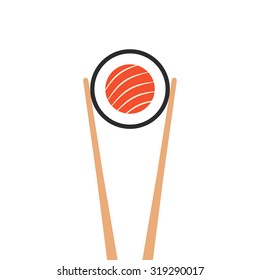 chopsticks holding sushi roll. concept of snack, susi, exotic nutrition, sushi restaurant, sea food. isolated on white background. flat style trend modern logotype design vector illustration