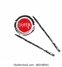 Chopsticks holding sushi roll. Design element for Japanese restaurant or delivery service. Vector illustration