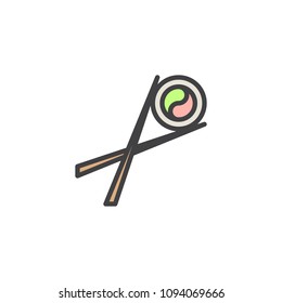 Chopsticks holding sushi roll filled outline icon, line vector sign, linear colorful pictogram isolated on white. Asian cuisine fast food symbol, logo illustration. Pixel perfect vector graphics