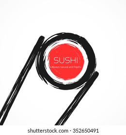 Chopsticks Holding Sushi Roll Frame. Concept illustration of snack, sushi, exotic nutrition,  sea food. Template for sushi restaurant, cafe, delivery or your business works.