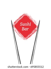 Chopsticks Holding Sushi Roll Frame. Concept illustration of snack, sushi, exotic nutrition, sea food. Template for sushi restaurant, cafe, delivery or your business works.
