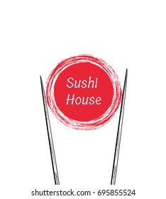 Chopsticks Holding Sushi Roll Frame. Concept illustration of snack, sushi, exotic nutrition, sea food. Template for sushi restaurant, cafe, delivery or your business works.
