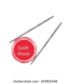 Chopsticks Holding Sushi Roll Frame. Concept illustration of snack, sushi, exotic nutrition, sea food. Template for sushi restaurant, cafe, delivery or your business works.
