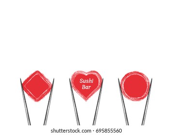 Chopsticks Holding Sushi Roll Frame. Concept illustration of snack, sushi, exotic nutrition, sea food. Template for sushi restaurant, cafe, delivery or your business works.
