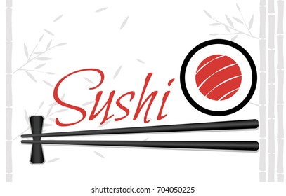 Chopsticks Holding Sushi Roll Frame. Concept illustration of snack, sushi, exotic nutrition, sea food. Template for sushi restaurant, cafe, delivery or your business works.