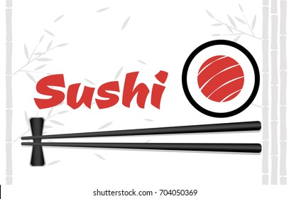 Chopsticks Holding Sushi Roll Frame. Concept illustration of snack, sushi, exotic nutrition, sea food. Template for sushi restaurant, cafe, delivery or your business works.