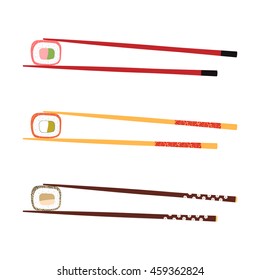 Chopsticks holding sushi roll isolated on white background. Set of traditional japanese food symbols, for menu design, web. Sea product, fish, salmon, shrimp. Vector illustration