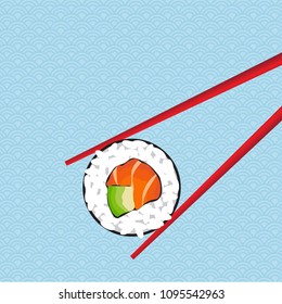 Chopsticks holding sushi roll. Japan food. Salmon sushi roll. Vector illustration