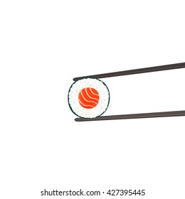 chopsticks holding sushi roll on white vector