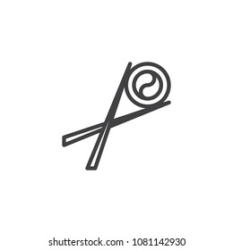 Chopsticks holding sushi roll outline icon. linear style sign for mobile concept and web design. Asian cuisine fast food simple line vector icon. Symbol, logo illustration. Vector graphics