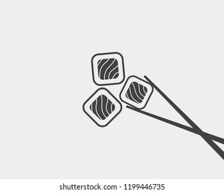 Chopsticks holding sushi roll. Sushi pieces with chopsticks vector web icon isolated on white background, EPS 10, top view
