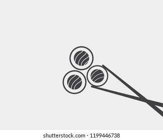 Chopsticks holding sushi roll. Sushi pieces with chopsticks vector web icon isolated on white background, EPS 10, top view
