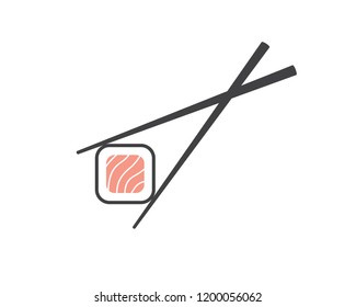 Chopsticks holding sushi roll. Sushi pieces with chopsticks vector web icon isolated on white background, EPS 10, top view