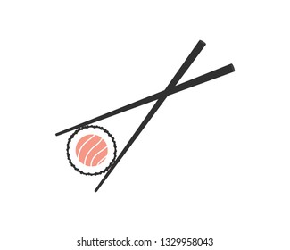 Chopsticks holding sushi roll. Sushi pieces with chopsticks vector web icon isolated on white background, EPS 10, top view