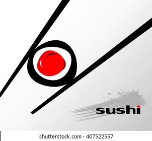 Chopsticks holding sushi roll. Simple design. Vector.