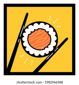 Chopsticks holding sushi roll. Vector hand drawn cartoon doodle illustration vintage logo icon. Sushi maki roll with salmon, chopsticks, asian food restaurant logo concept