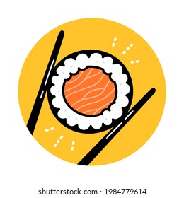 Chopsticks holding sushi roll. Vector hand drawn cartoon doodle illustration vintage logo icon. Sushi maki roll with salmon, chopsticks, asian food restaurant logo concept