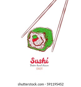 Chopsticks holding sushi roll. Vector hand drawn concept of snack, sushi, exotic nutrition, sushi restaurant, sea food.