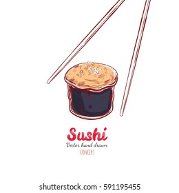 Chopsticks holding sushi roll. Vector hand drawn concept of snack, sushi, exotic nutrition, sushi restaurant, sea food.