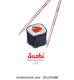 Chopsticks holding sushi roll. Vector hand drawn concept of snack, sushi, exotic nutrition, sushi restaurant, sea food.