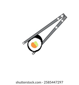 chopsticks holding sushi roll 
with sushi written on it. isolated on white background. flat style trend modern logotype design vector illustration